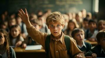 Young boy student raising his hand in the classroom setting - Generative AI. photo