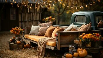 Vintage truck bed filled with fall themed decorations and pillows - generative AI. photo