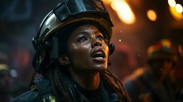 Female African American firefighter wearing protective helmet and grear giving orders at a fire incident - generative AI. photo