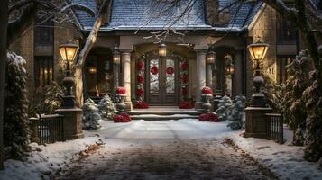 Beautiful Christmas decorated front door and porch of a house on a winter evening. Generative AI. photo