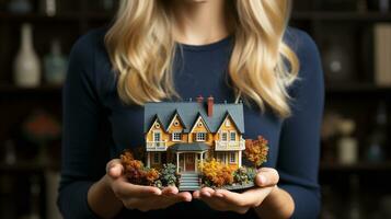 A female real estate agent holding a miniature house in front of her - generative AI. photo