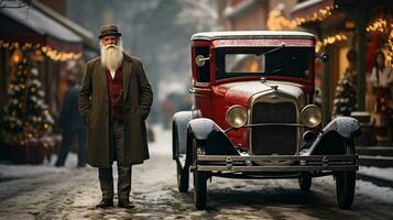 blanco barbado más viejo hombre en pie cerca un clásico Clásico coche en el festivamente Navidad decorado calle. generativo ai. foto