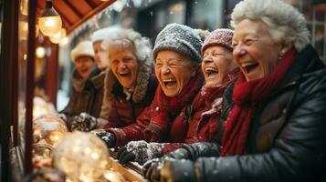 Laughing Group of Senior Adult Women Enjoying the Christmas Holiday Shop in the Village During an Evening Stroll Together. Generative AI. photo