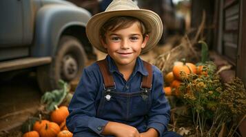 Happy young boy wearing cowboy hat sitting amongst the fall pumpkin harvest - generative AI. photo