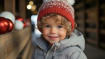 Portrait of a Cute Young Boy Dressed Warm for the Christmas Holiday. Generative AI. photo