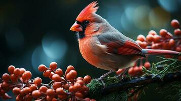 Christmas Red Cardinal Bird on the Branch on a Wintery Snowy Day. Generative AI. photo