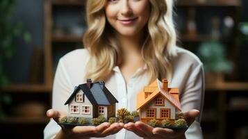 A female real estate agent holding a miniature house in front of her - generative AI. photo