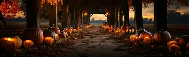 Dozens of Halloween and fall pumpkins scattered aroun a rustic barn scene on Hallows Eve - generative AI. photo