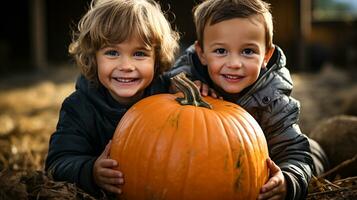 Happy young children showing off their large ripe fall pumpkin at the pumpkin patch - generative AI. photo