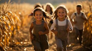 Happy laughing children running amist the corn fields on a fall day - Generative AI. photo