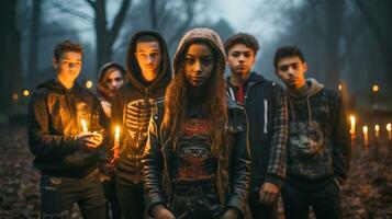 Several goth dressed teenagers amongst candles outside at night - generative AI. photo