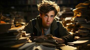 Young boy student sitting stunned and overwhelmed amidst a never ending pile of books and papers surrounding him - Generative AI. photo