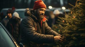 Young Man Working at the Christmas Tree Farm During the Holiday Season. Generative AI. photo