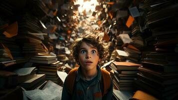 Young boy student sitting stunned and overwhelmed amidst a never ending pile of books and papers surrounding him - Generative AI. photo