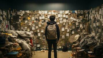 Young boy student standing bewildered in front of packed homework task board in classroom  - Generative AI. photo