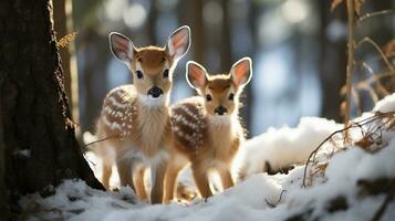 Two Adorable Fawn Deer in The Wintery Wilderness. Generative AI. photo