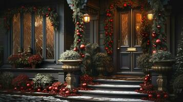 hermosa Navidad decorado frente puerta y porche de un casa en un invierno noche. generativo ai. foto