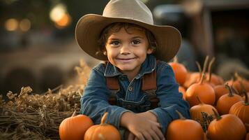 contento joven chico vistiendo vaquero sombrero sentado entre el otoño calabaza cosecha - generativo ai. foto