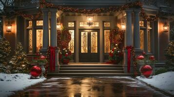 Beautiful Christmas decorated front door and porch of a house on a winter evening. Generative AI. photo