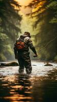 Older man catching a fish while fly fishing in a river photo