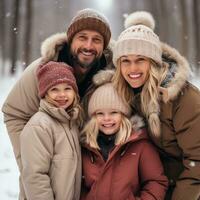 padres y niños trineo abajo Nevado colina juntos foto