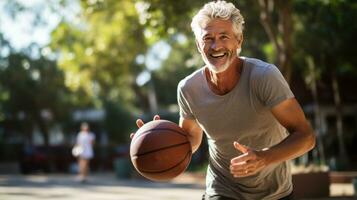 Mature man playing basketball with enthusiasm photo