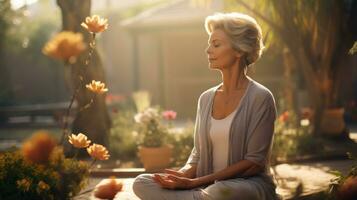 Elderly woman practicing yoga in a peaceful garden photo