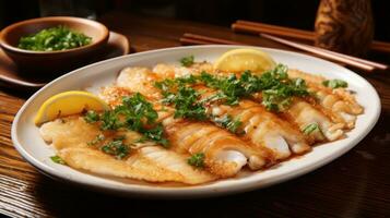 Flounder. Flat, white fish with a mild, sweet flavor photo