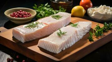 Halibut. Firm, white meat with a sweet, delicate flavor photo