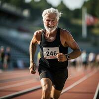 Envejecido atleta corriendo en un pista con determinación foto