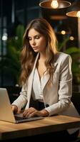 Young businesswoman typing on laptop, seated at modern office desk photo
