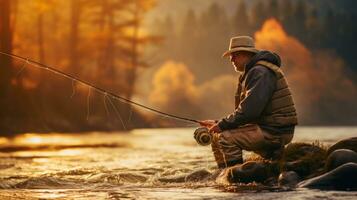 Older man catching a fish while fly fishing in a river photo