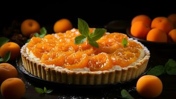 Yummy kumquat pie with sliced one piece on dark surface photo