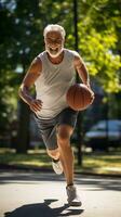 maduro hombre jugando baloncesto con entusiasmo foto