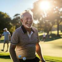 Senior man hitting a golf ball on a sunny day photo