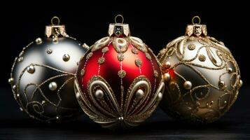 Elegant ornaments. Gold, silver, and red ornaments on a black background photo