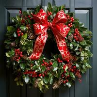 Festive wreath. Green leaves, red berries, and a bright red bow photo