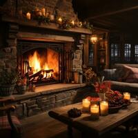 Cozy fireplace. Burning logs, warm colors, and holiday decorations photo