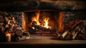 Cozy fireplace. Burning logs, warm colors, and holiday decorations photo