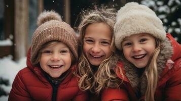 Smiling family playing together in snowy backyard photo