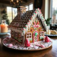 Gingerbread house. Sweet treats, candy canes, and snow icing photo