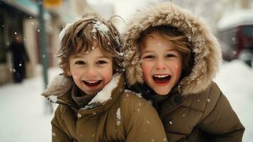 Cheerful siblings having fun in the snow photo