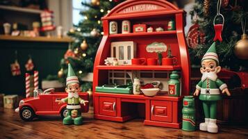 Santa's workshop. Red and green toys, presents, and elves. photo