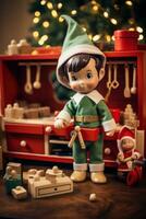 de santa taller. rojo y verde juguetes, regalos, y elfos foto