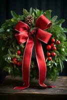 Festive wreath Green leaves, red berries, and a bright red bow photo