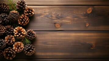 Rustic Wood and Pine Cones - Cozy, natural, and festive with copy space photo