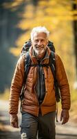 más viejo hombre excursionismo en naturaleza con un caminando palo foto