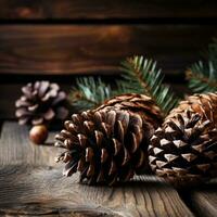 Rustic Wood and Pine Cones - Cozy, natural, and festive with copy space photo