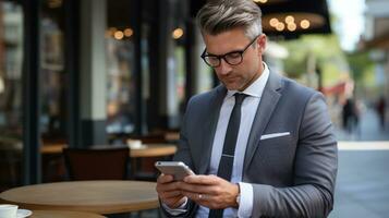 masculino ejecutivo en traje y Corbata comprobación correo electrónico en teléfono inteligente foto