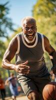 Mature man playing basketball with enthusiasm photo